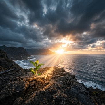 Young green plant growing from crack in rocky cliff with ocean and sunset in background